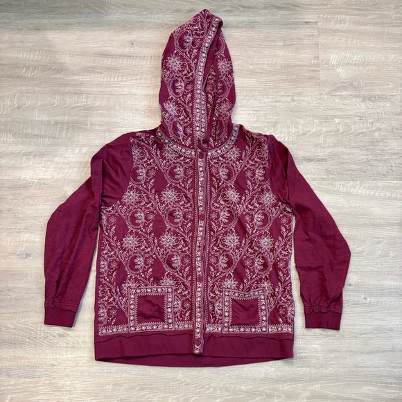 Soft Surroundings Jackets & Blazers - Soft Surroundings Burgundy Embroidered Button-Front Hooded Cotton Jacket Medium